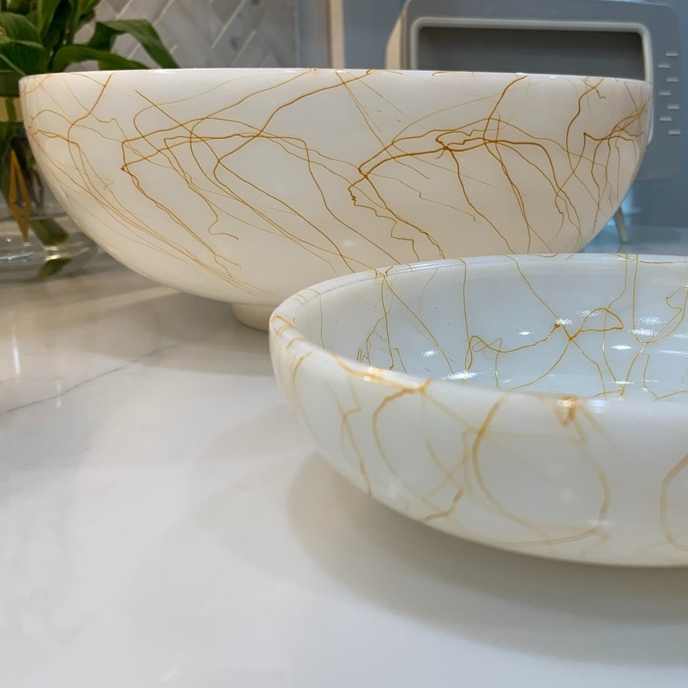 Fantastic Vintage Hazel Atlas Milk Glass Butterscotch Drizzle Serving Bowl Set - Picture 13 of 15